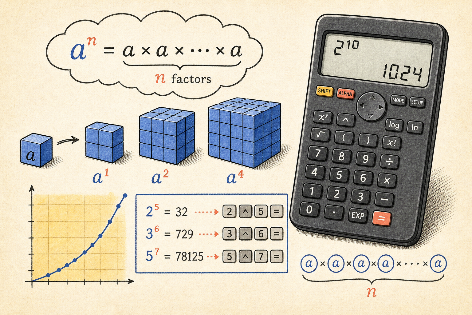 Editorial math illustration for Evaluating Exponents Using a Scientific Calculator