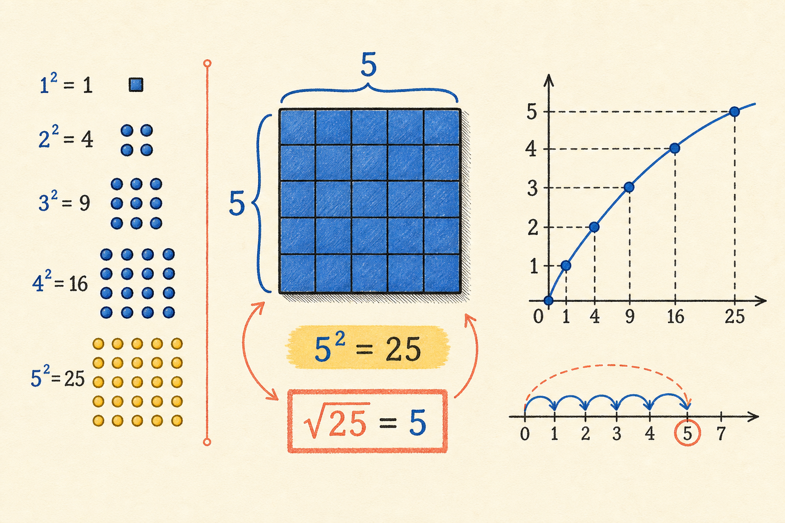 Editorial math illustration for Square Numbers and Square Roots