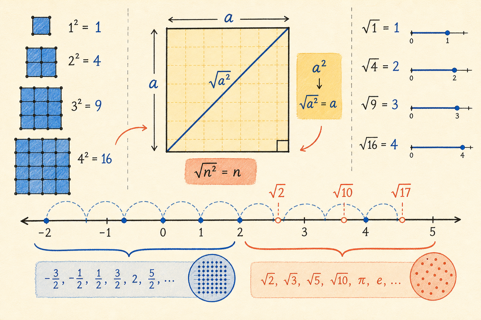 Editorial math illustration for Perfect Squares, Principal Squares, Rational vs. Irrational Numbers