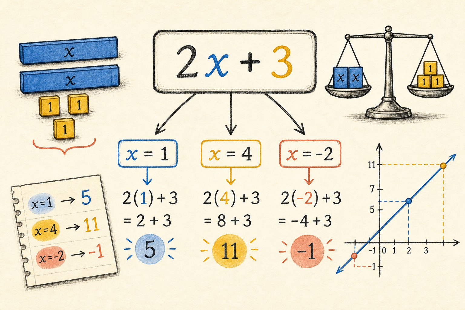 Editorial math illustration for Substituting Numbers into Expressions