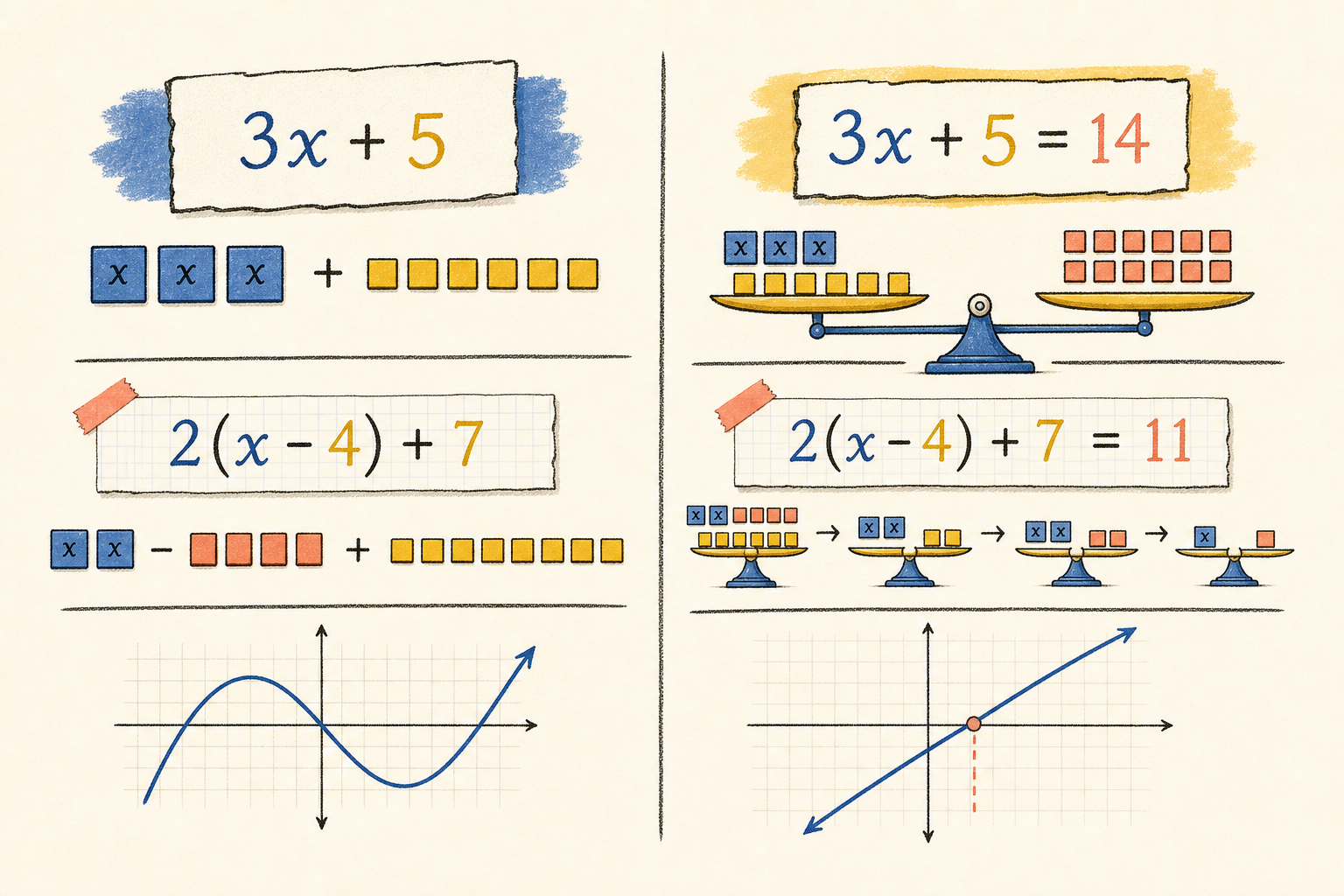 Editorial math illustration for Expressions vs. Equations