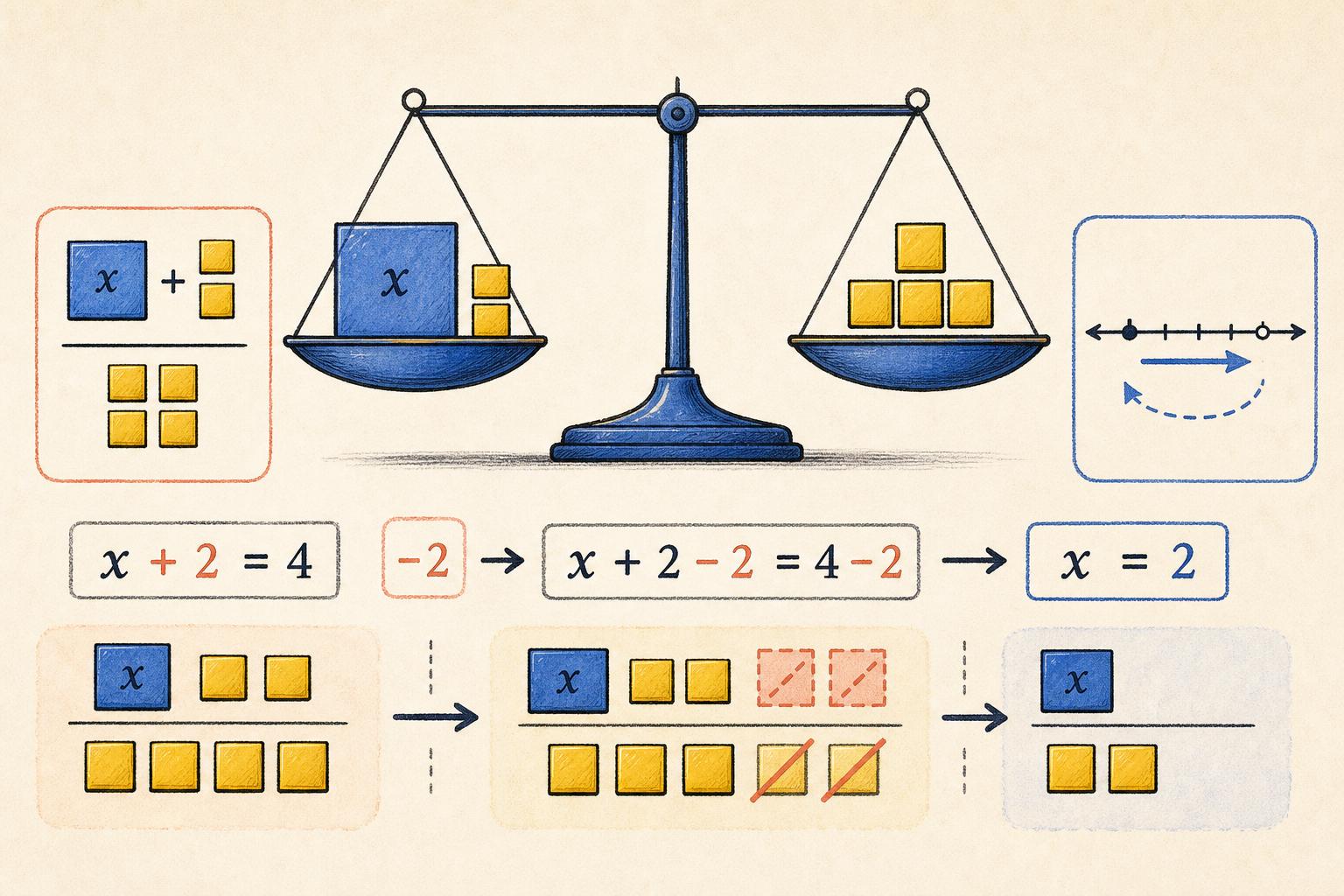 Editorial math illustration for Balancing Equations with Addition and Subtraction