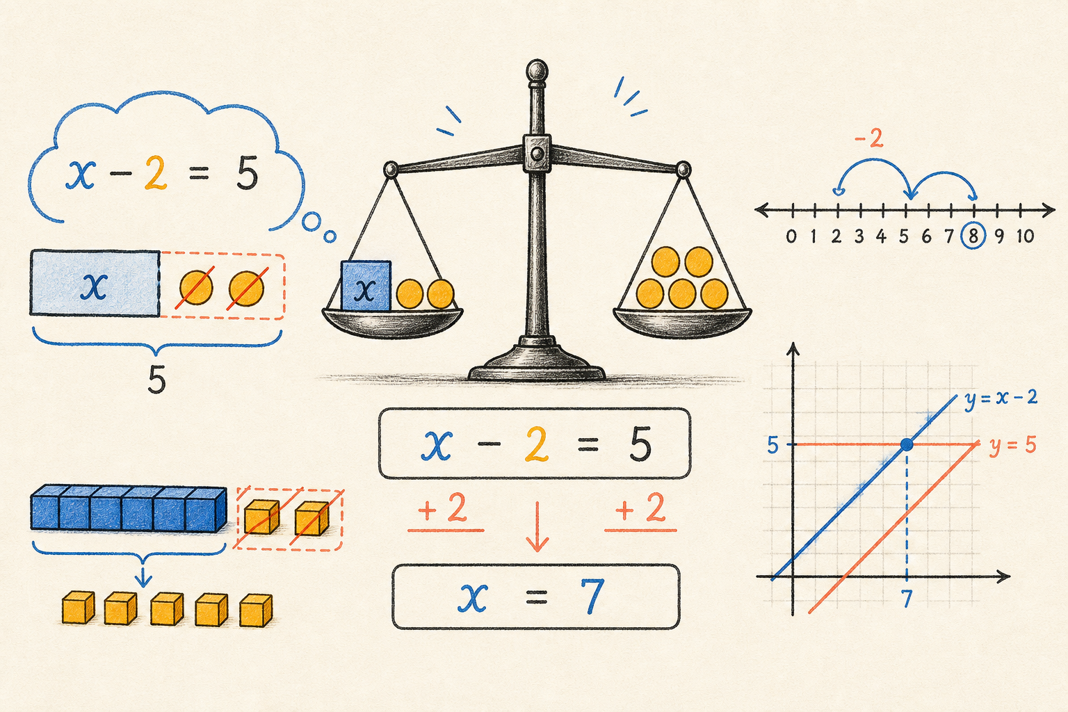 Editorial math illustration for Solving Subtraction Equations