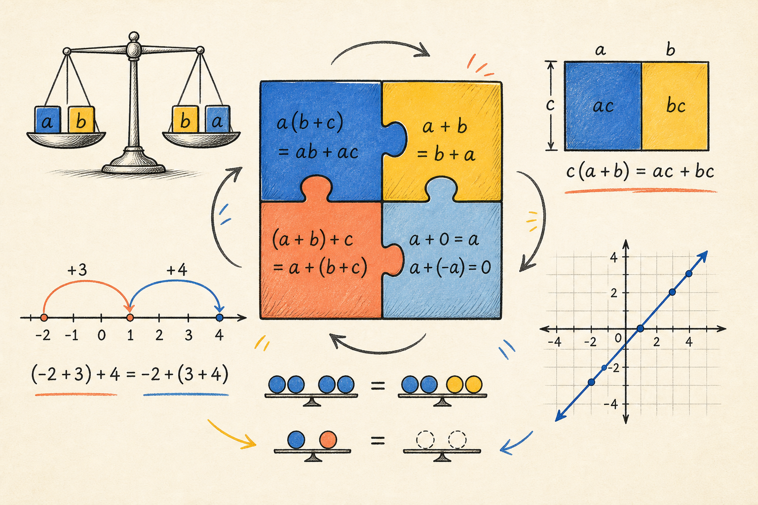 Editorial math illustration for Putting It All Together: Mastering Algebra’s Properties
