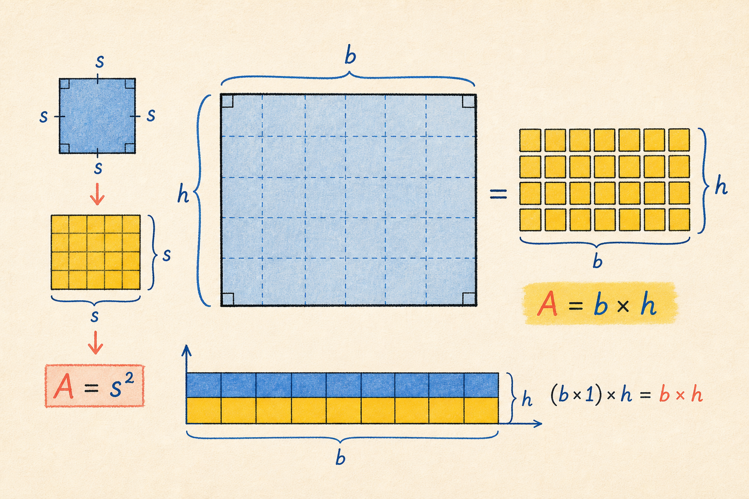 Editorial math illustration for Rectangles and Squares - Find the Area