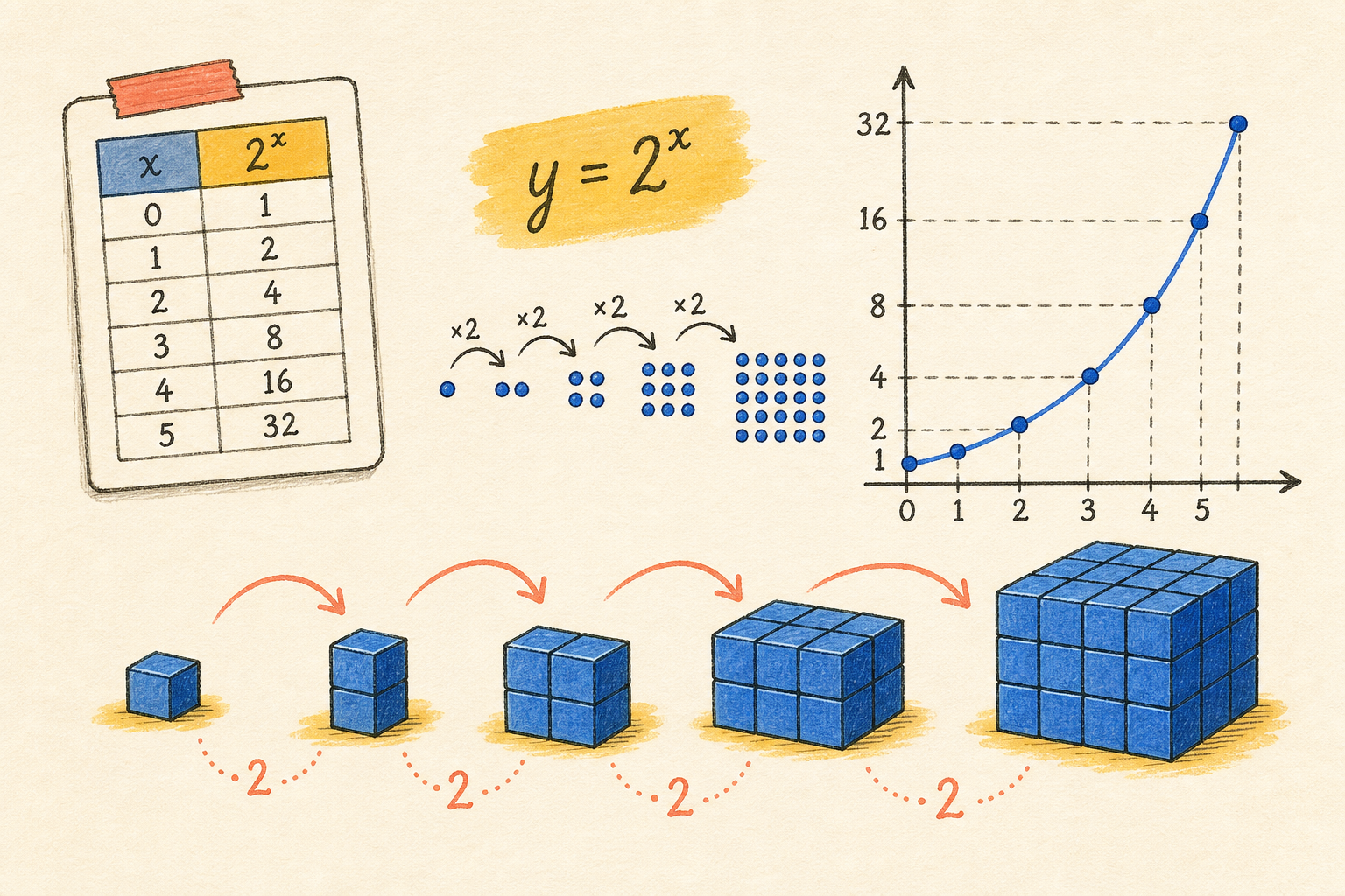 Editorial math illustration for Computational Practice - Exponential Functions - Growth