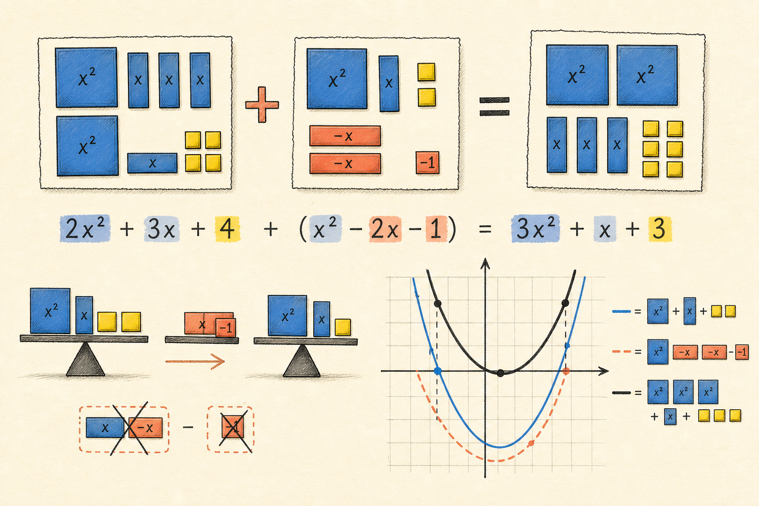 Editorial math illustration for Adding and Subtracting Polynomials