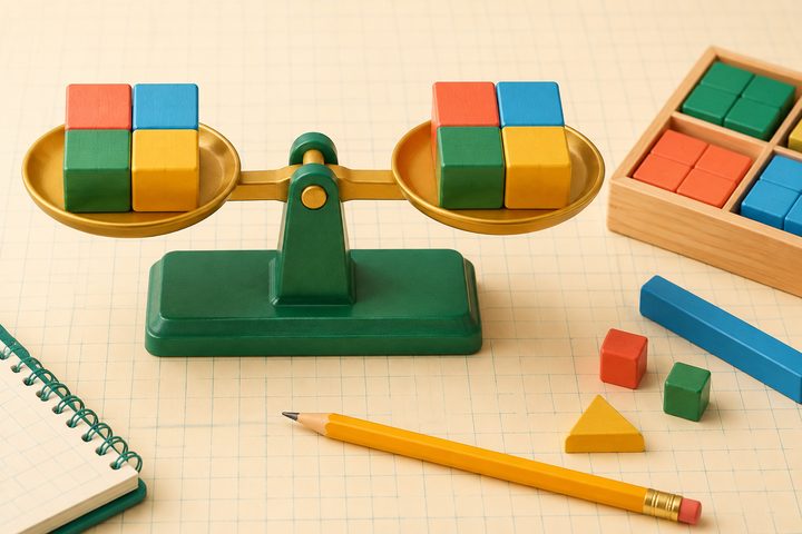 A balanced scale holding equal groups of colorful math blocks