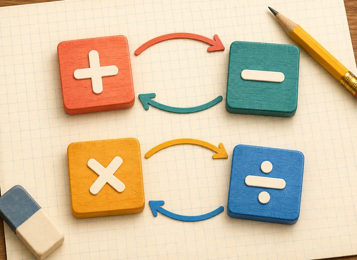 Colorful inverse-operation tiles connected in matching pairs