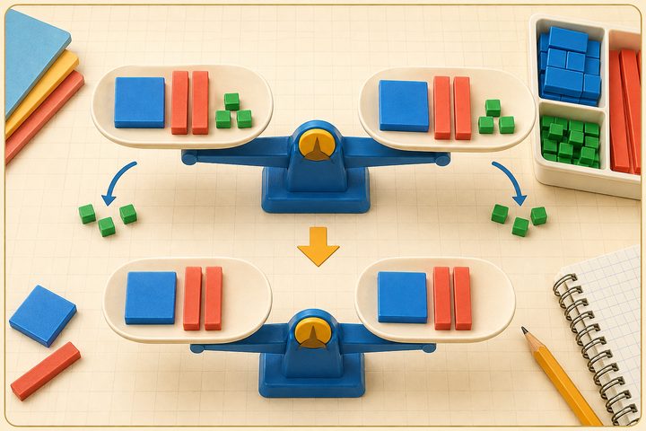 A balance model showing the same blocks removed from both sides