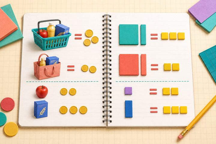 An open notebook translating real-world objects into algebra models