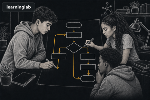 Dark-mode line-art illustration for LAB - Flowchart/Program Logic