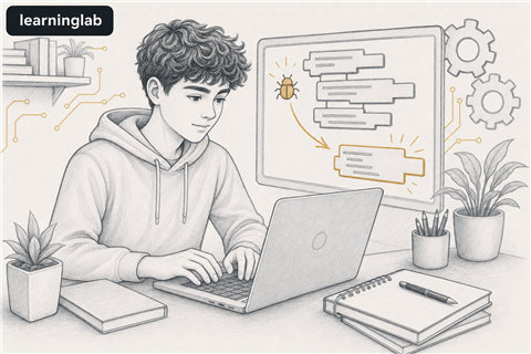Line-art illustration of a student debugging code at a laptop