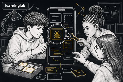 Dark-mode line-art illustration for LAB - Debug the App