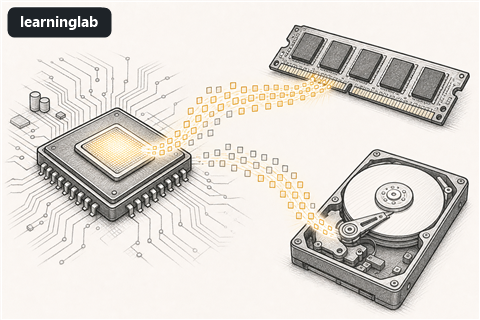 Line-art illustration for Binary, Processors, Hard Drives and RAM