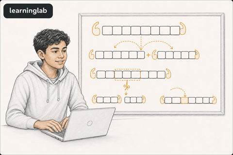 Line-art illustration of a student learning Strings
