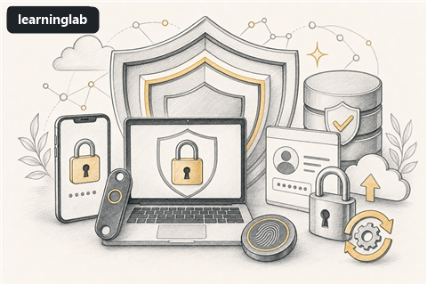 Line-art illustration for Protecting Devices, Accounts, and Data