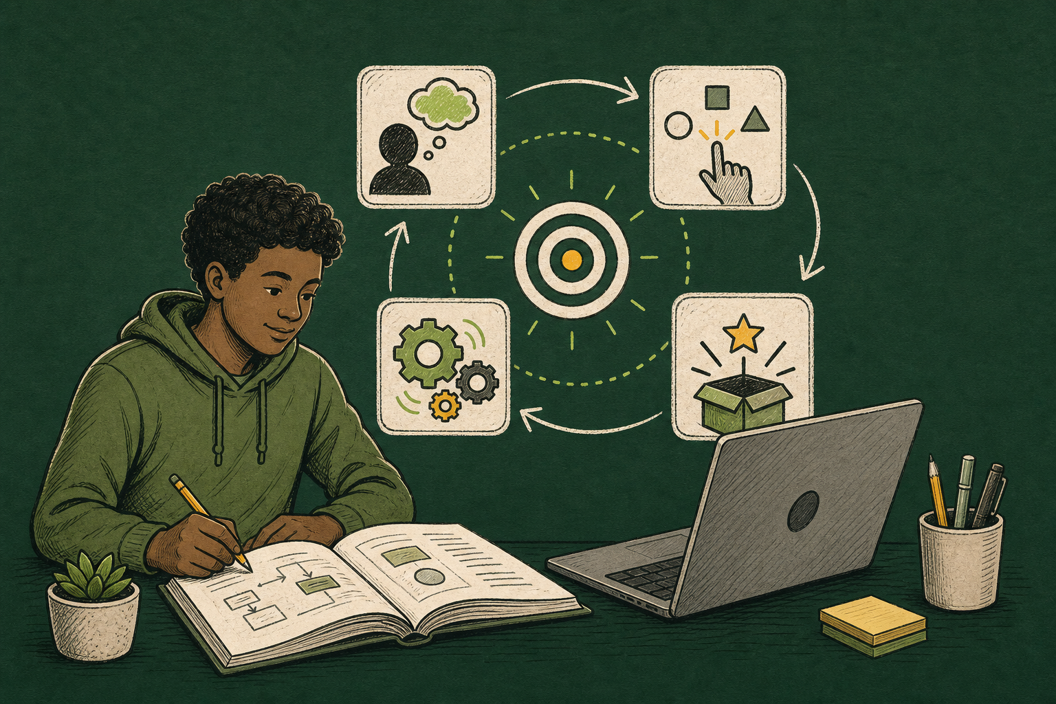 Green-background line-art illustration of a student studying program inputs, processing, and useful outputs