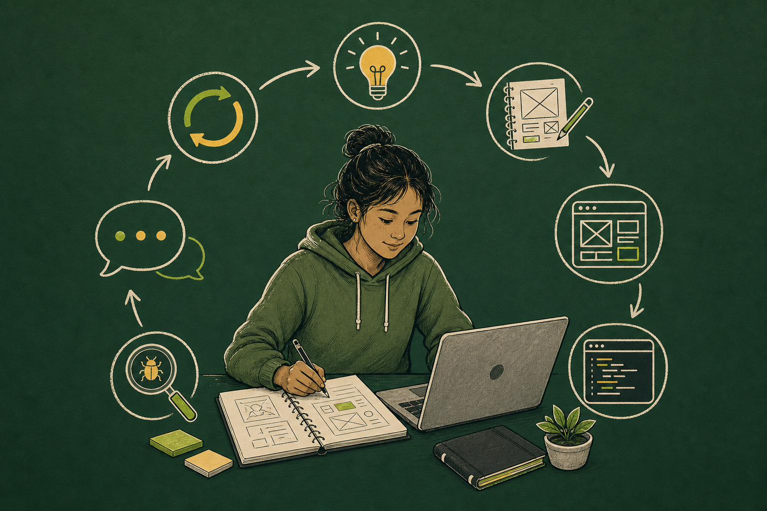 Green-background line-art illustration of a student following an iterative software development process