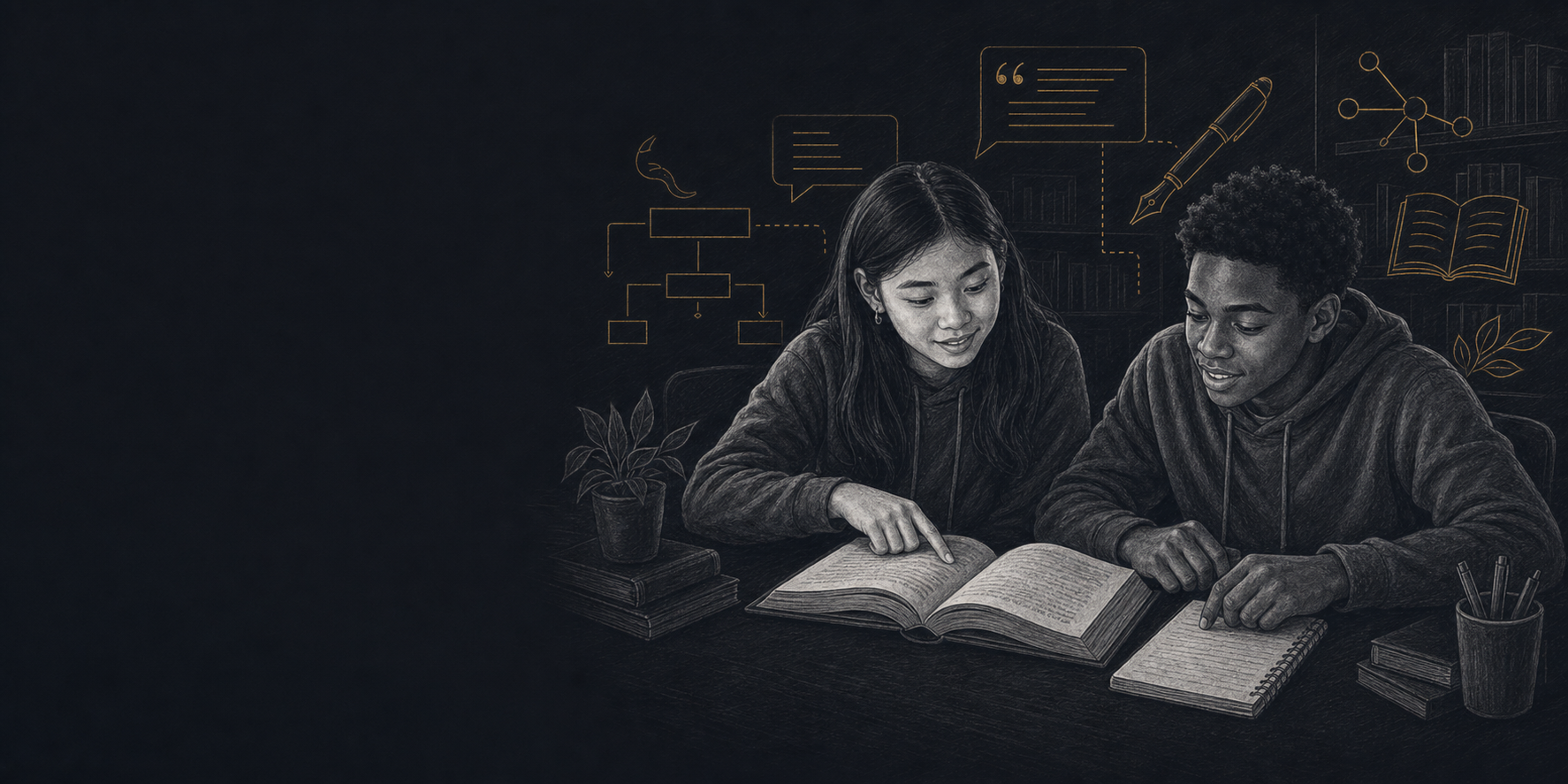 Asian and Black high-school students studying English literature