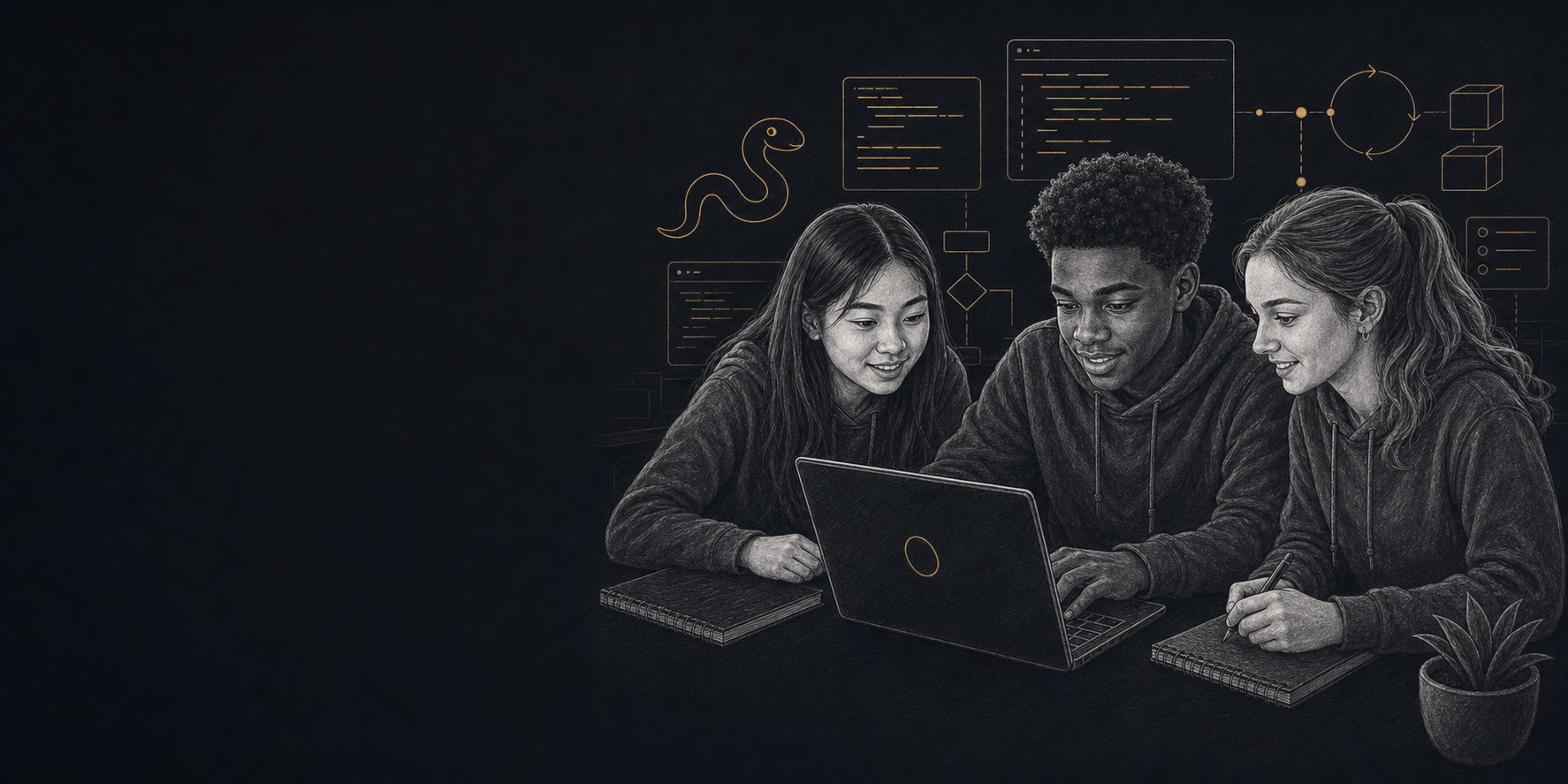 Asian, Black, and White high-school students programming in Python