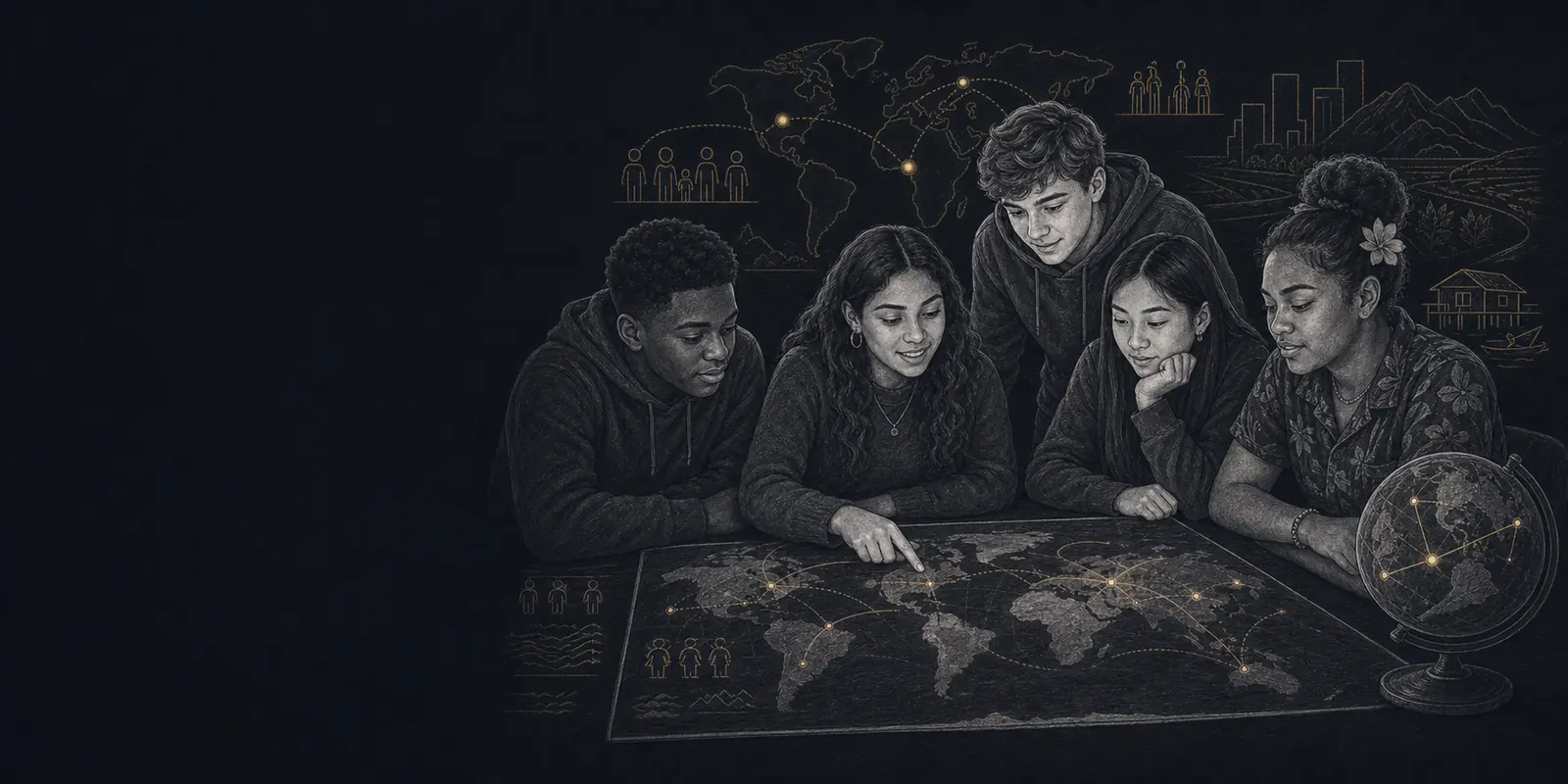 Black, Latino, White, Asian, and Pacific Islander high-school students studying human geography