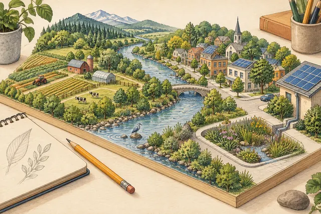 Hand-drawn landscape showing a riverside town, solar panels, fields, trees, and a rain garden