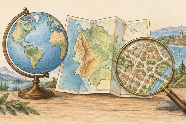 Hand-drawn globe, country map, and magnified neighborhood showing different scales of analysis