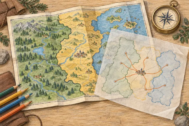 Hand-drawn regional map with overlapping boundaries and towns connected by routes