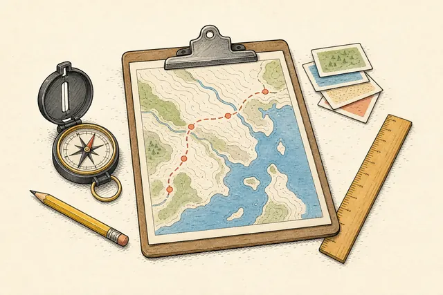 Line-art illustration of a map-skills lab with a clipboard, compass, ruler, and route