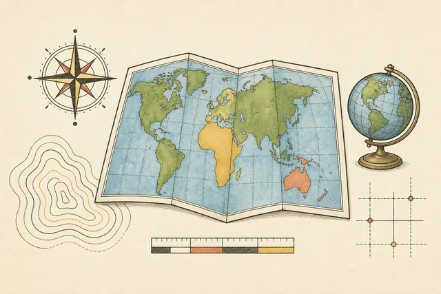 Line-art illustration of a world map, compass rose, globe, contour lines, and map scale