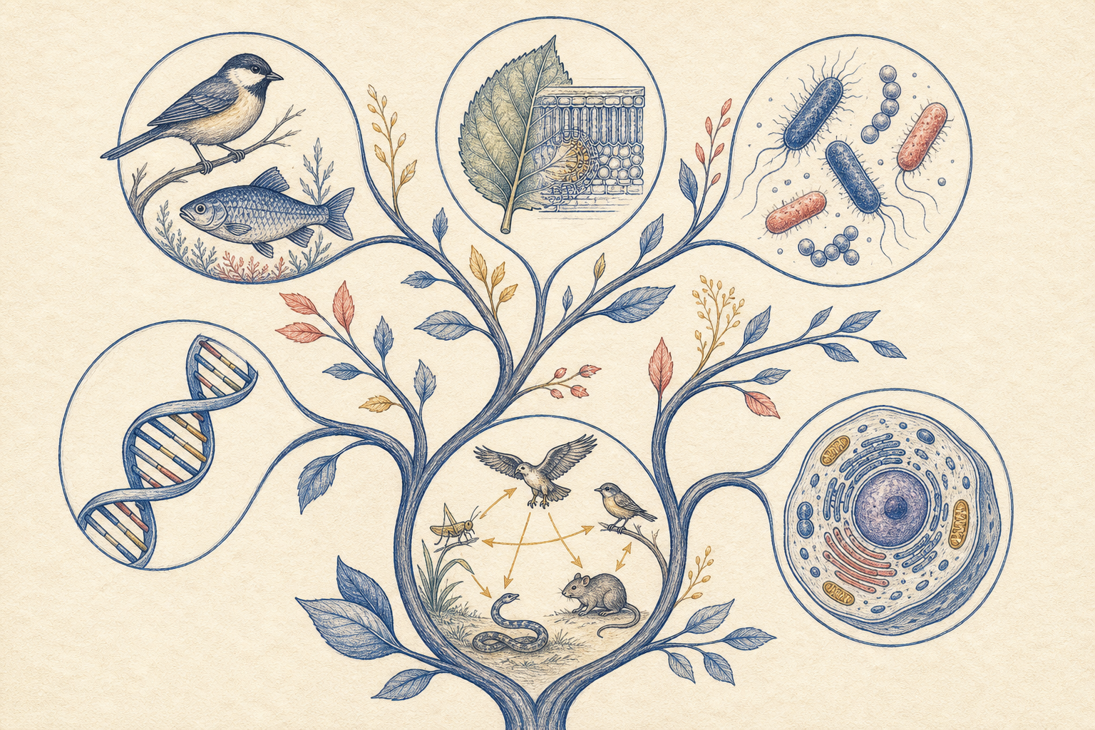 Editorial line-art overview of major branches of biology