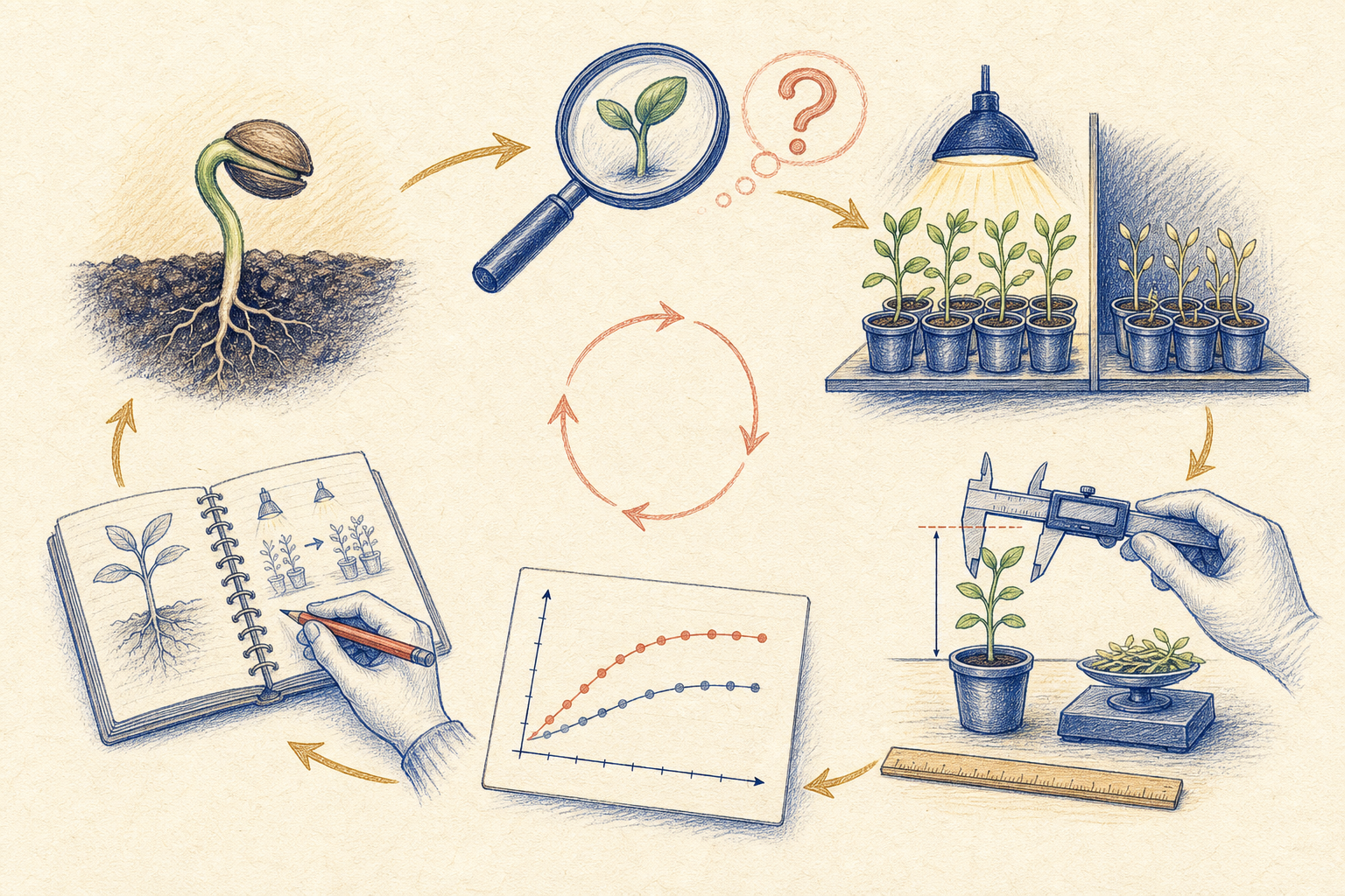 Editorial line-art cycle of a controlled plant investigation