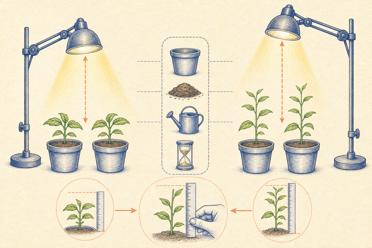 Editorial line art of matched plant groups with one experimental variable