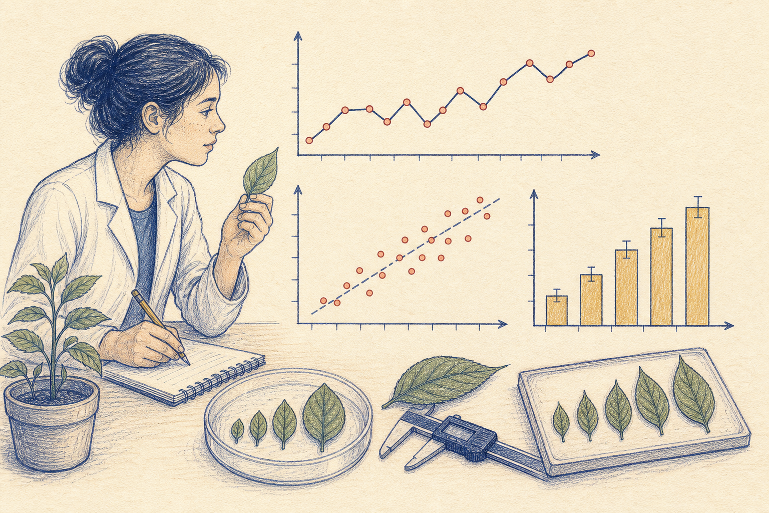 Editorial line art of biological measurements and appropriate graphs