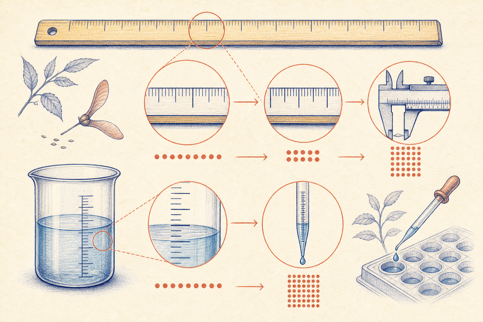 Editorial line art showing metric scale and unit relationships