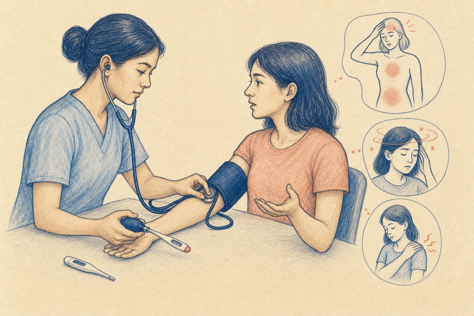 Editorial line art of objective measurements and patient-reported symptoms