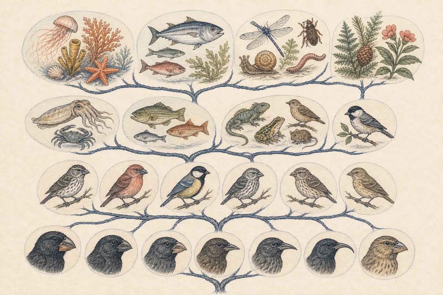 Editorial line art of nested biological classification and branching relationships
