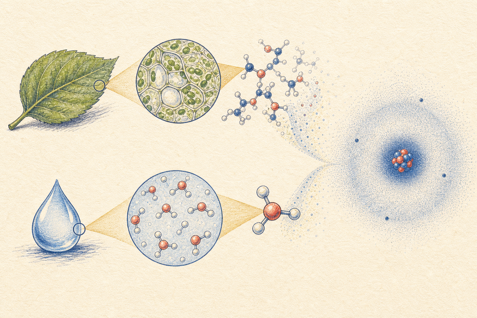 Editorial line art connecting living matter, molecules, and atomic structure