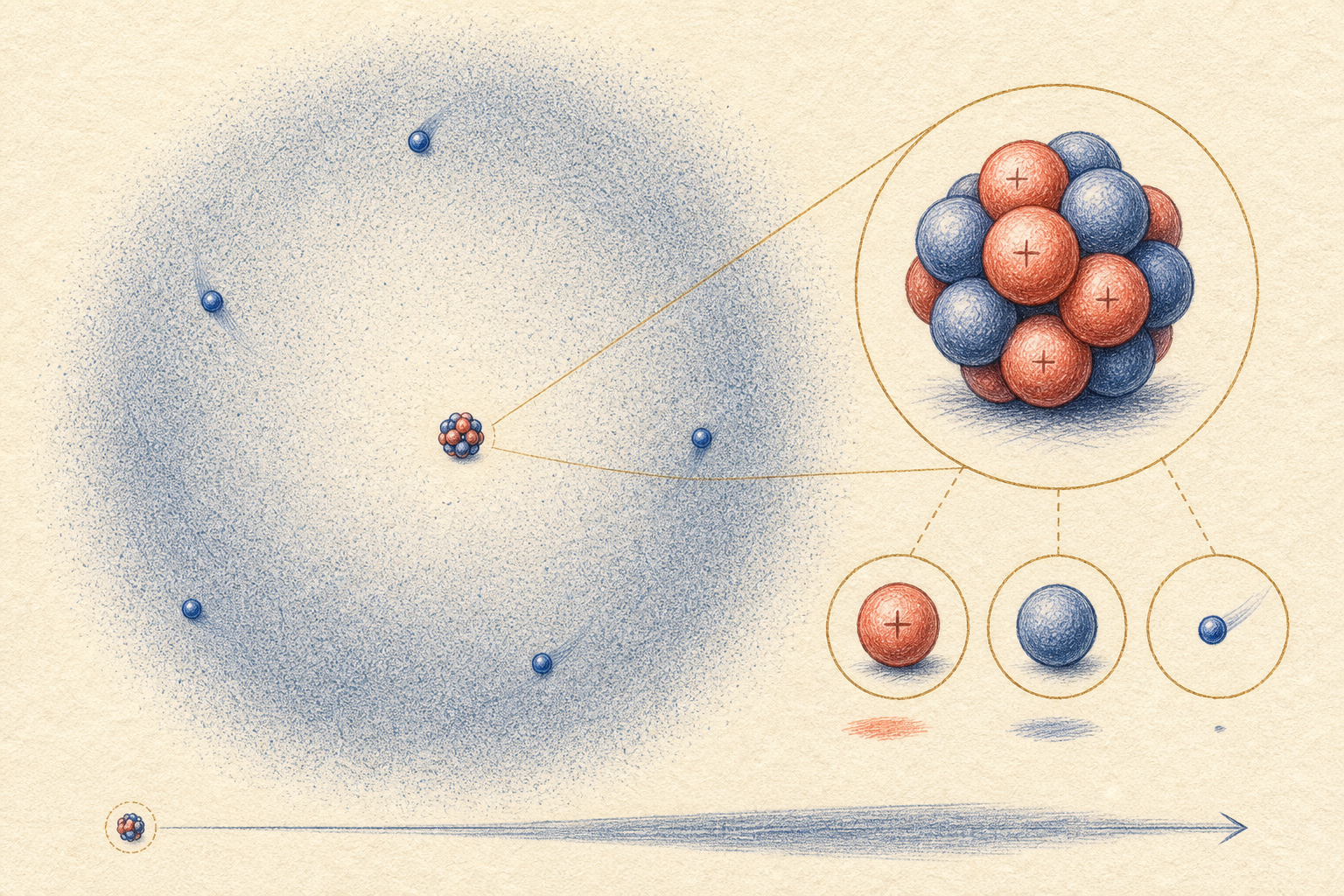 Editorial line art of a compact nucleus within a diffuse electron cloud
