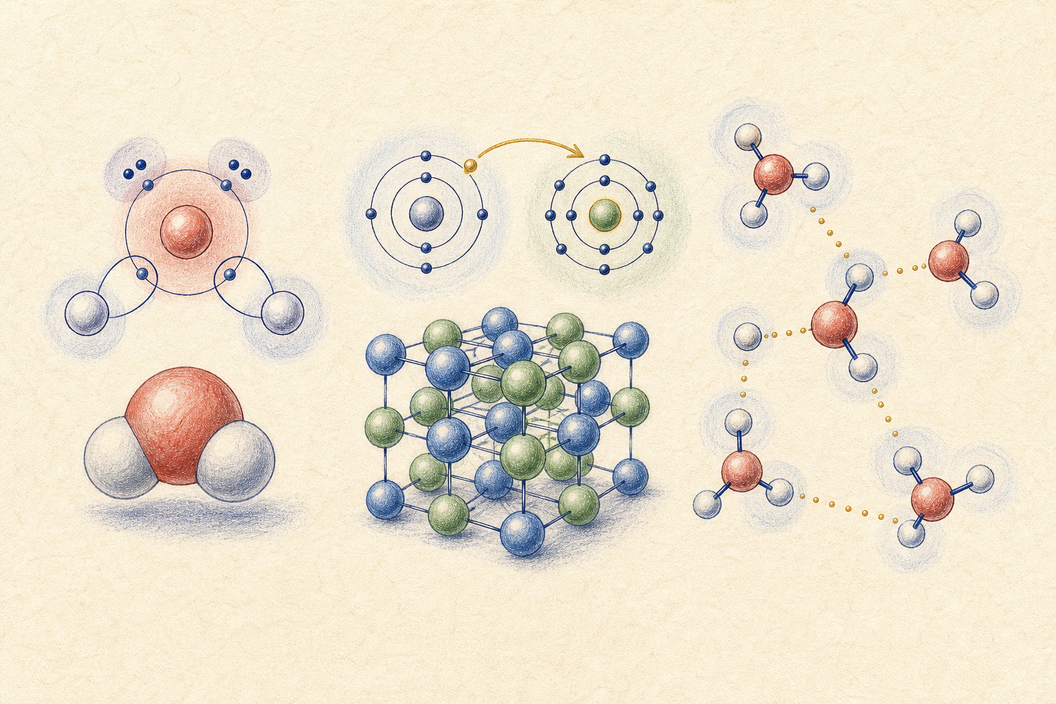 Editorial line art of covalent, ionic, and hydrogen bonding