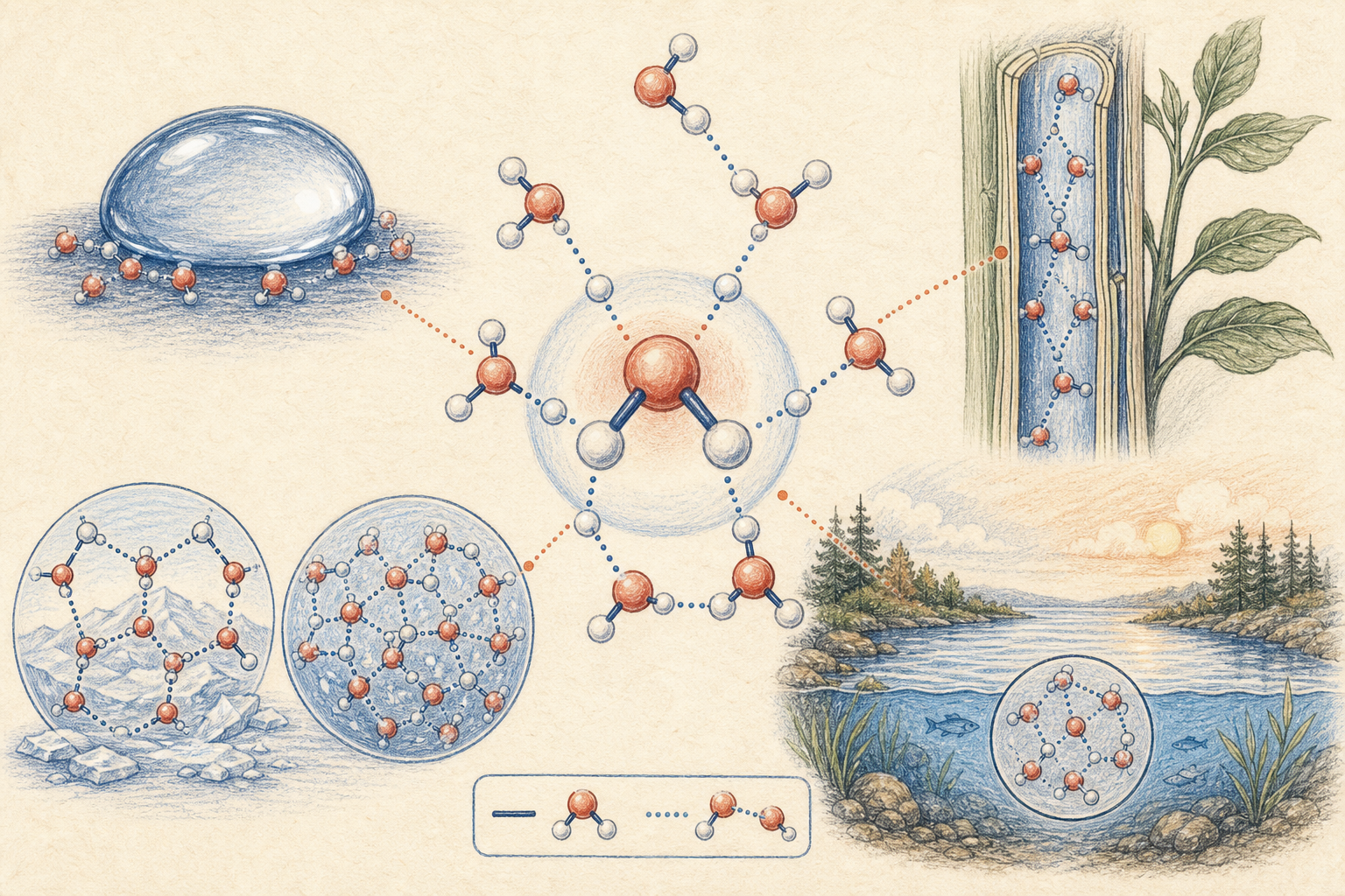 Editorial line art of water polarity, hydrogen bonding, cohesion, and capillarity