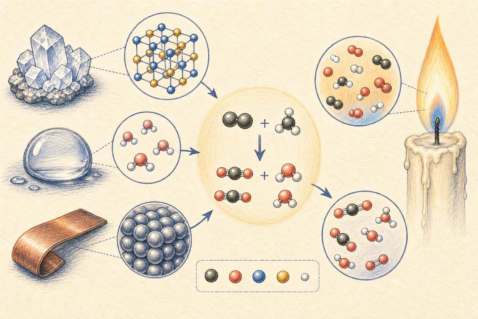 Editorial line art connecting matter, particles, and chemical change