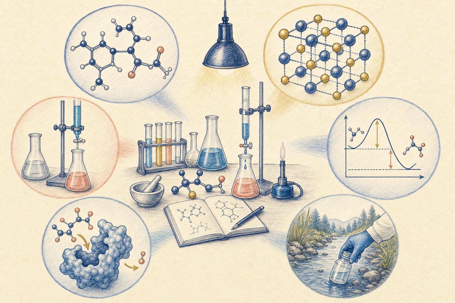 Editorial line-art overview of major branches of chemistry