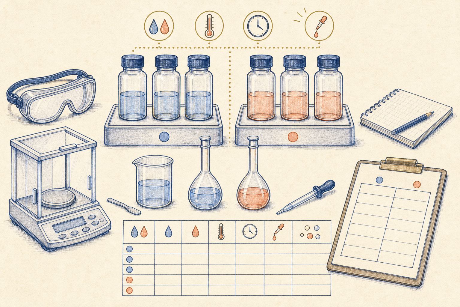 Editorial line art of a controlled chemistry experiment design