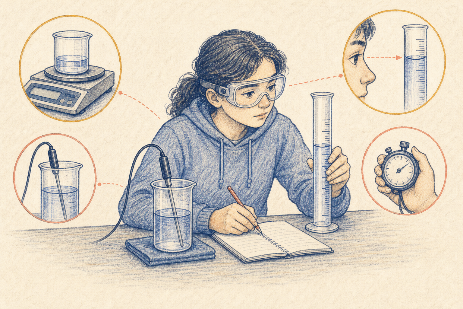 Editorial line art of accurate mass, temperature, volume, and time measurements