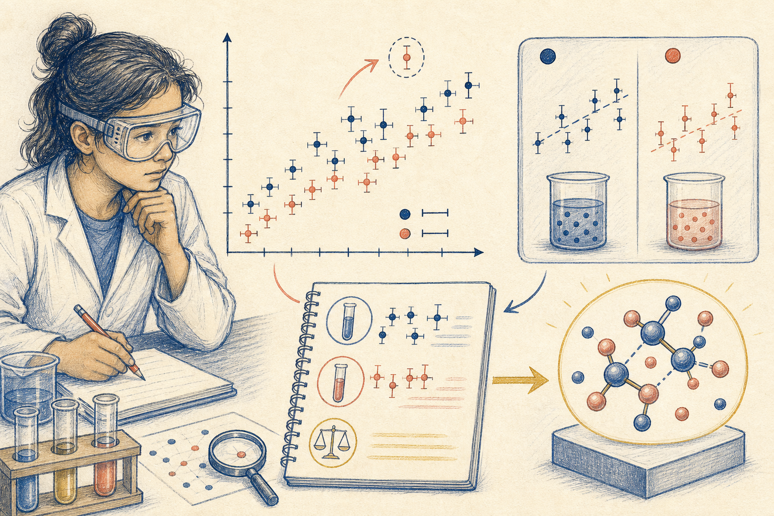 Editorial line art of analyzing uncertainty, controls, and an outlier