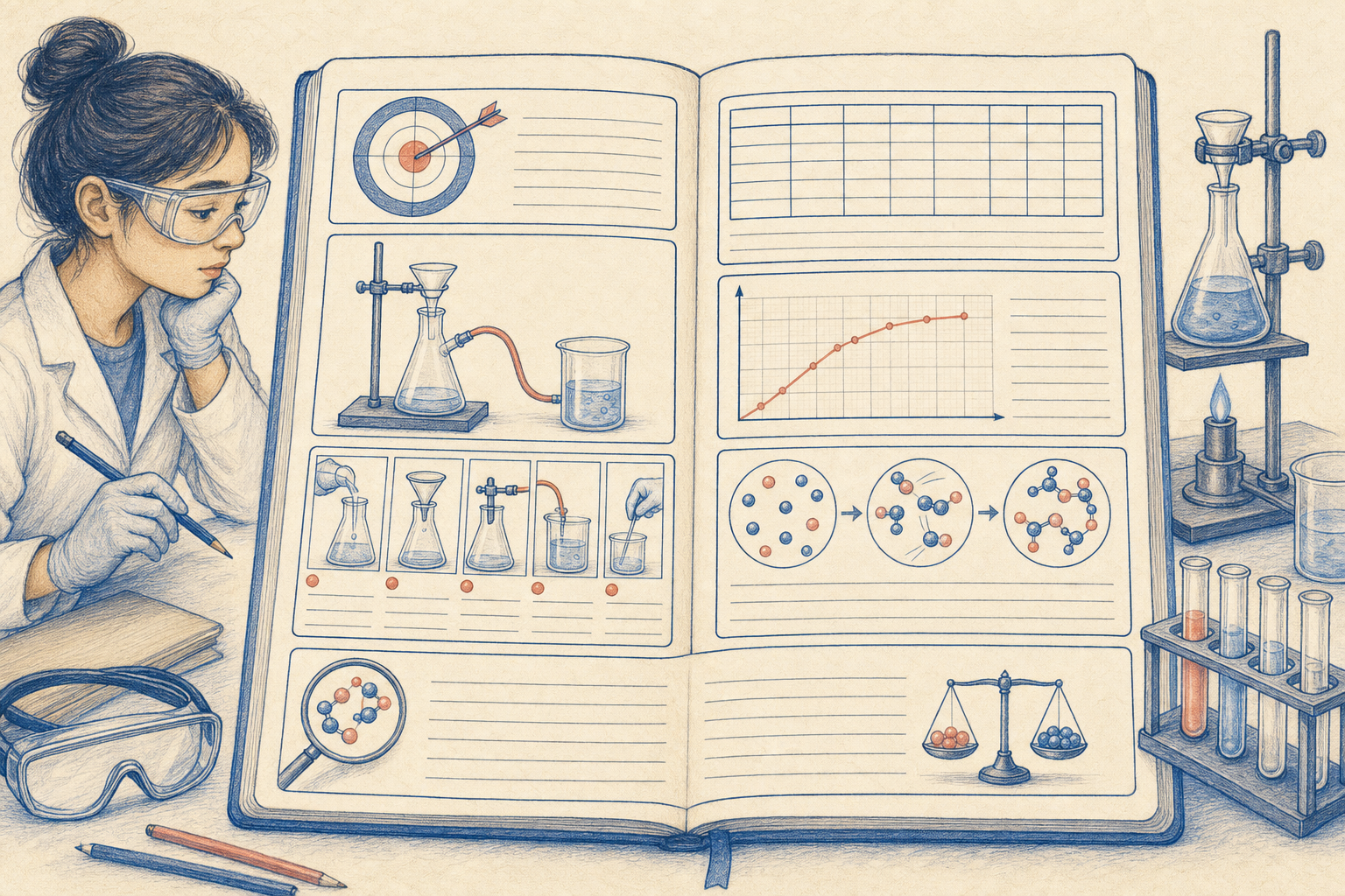 Editorial line art of the visual sections in a complete laboratory report