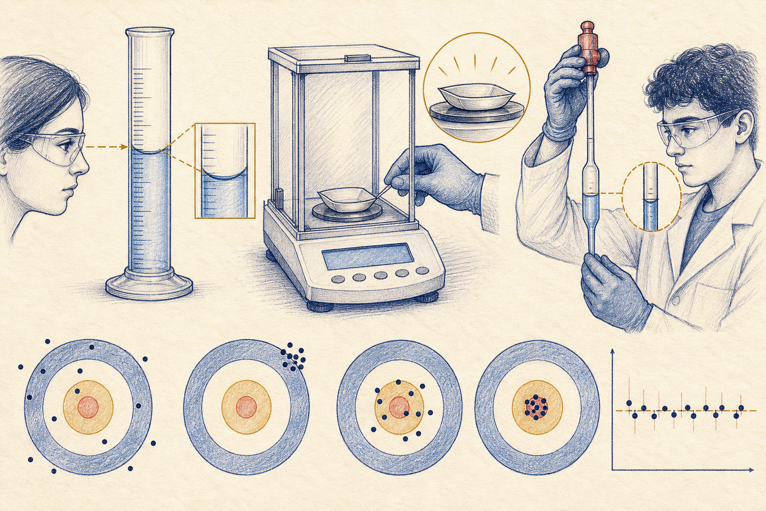 Editorial line art of correct meniscus, balance, pipette, accuracy, and precision techniques